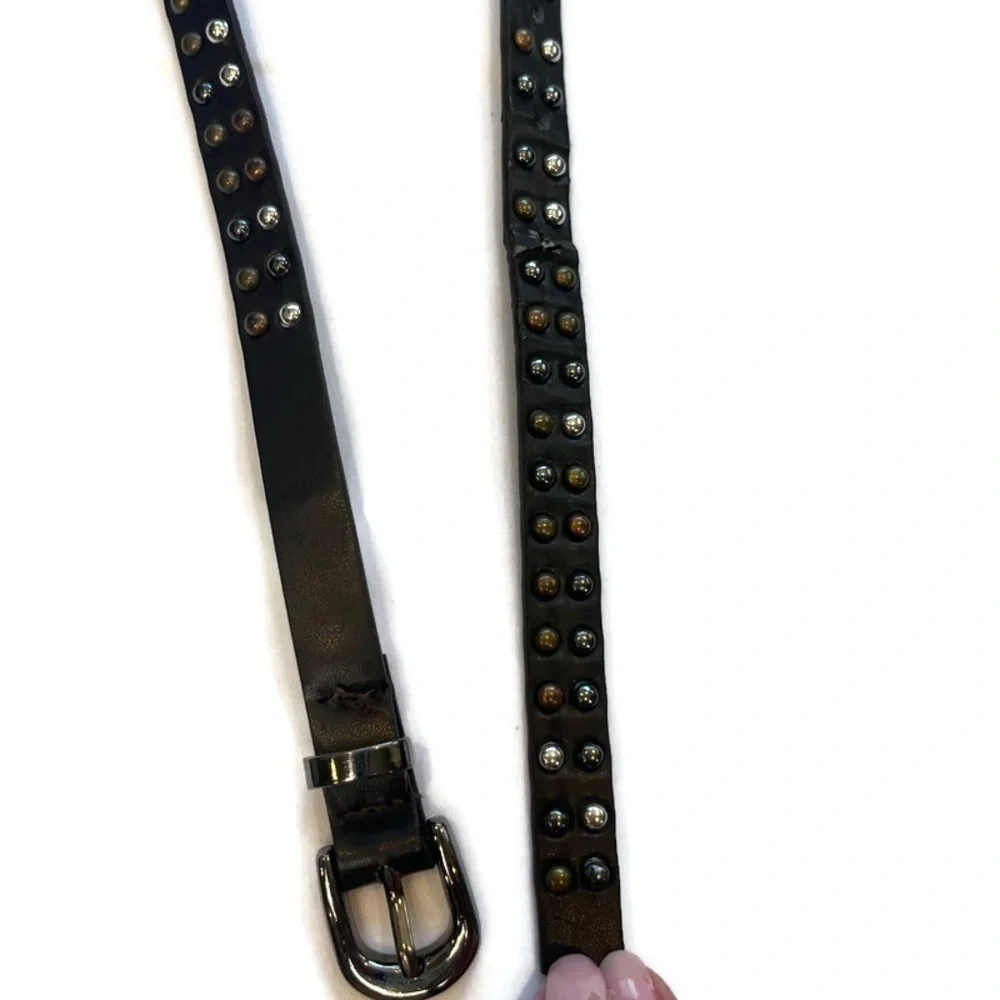 Multi-tone Studded Brown Thin Leather Belt Silvertone Hardwear Size Small Indie